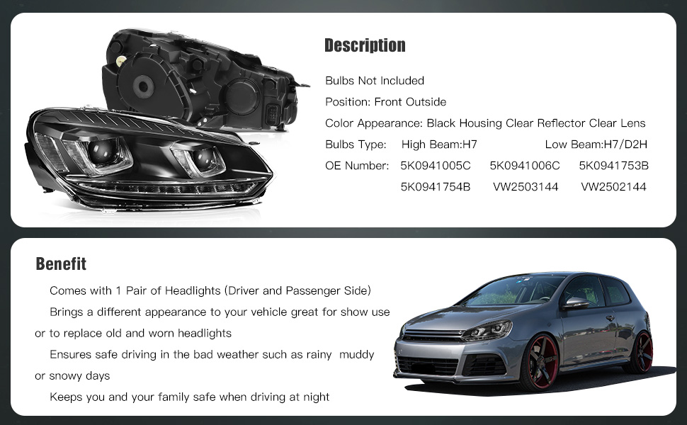 Volkswagen Golf/GTI LED DRL Headlight Assembly Pair 2010-2014