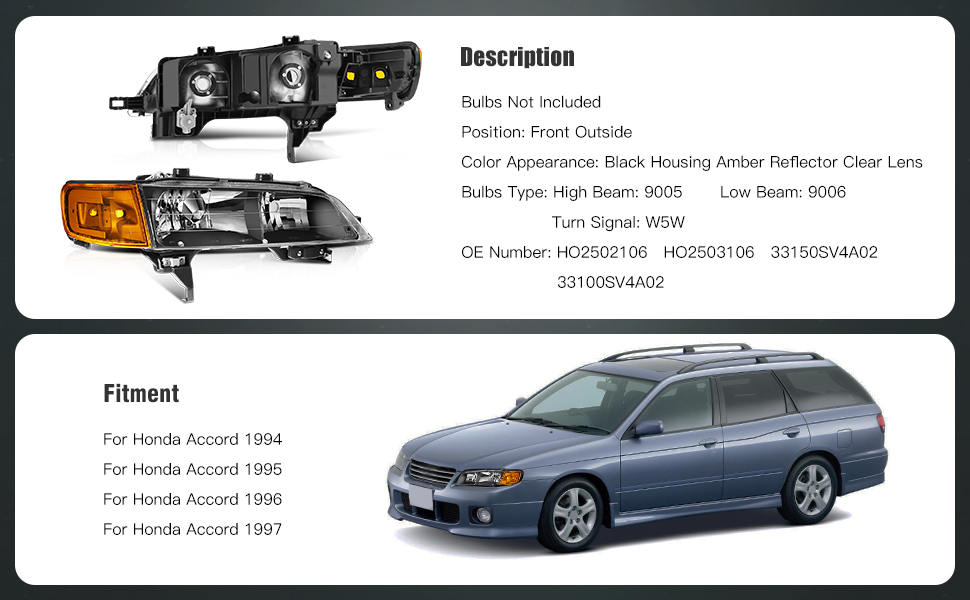 Honda Accord Headlight Assembly 1994-1997 Black Housing Driver and Passenger Side Headlamps