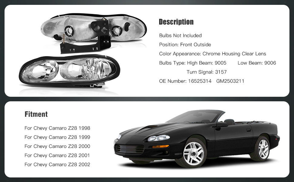 Chevrolet Camaro Headlight Assembly 1998-2002 Chrome Housing Driver and Passenger Side Headlamps 1Pair
