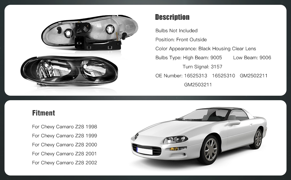Chevy Camaro Headlights Assembly 1998-2002 Black Housing Driver and Passenger Side Headlamps Pair