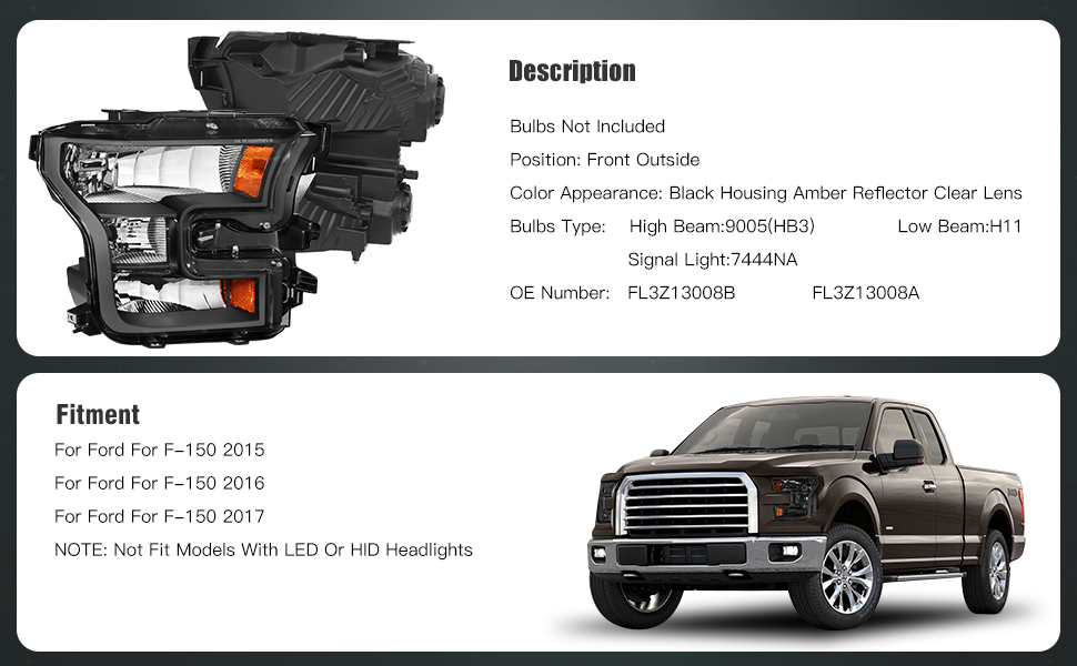 Ford F150 Headlight Assembly 2015 2016 2017 Pair Replacement Front Lamp Black Housing