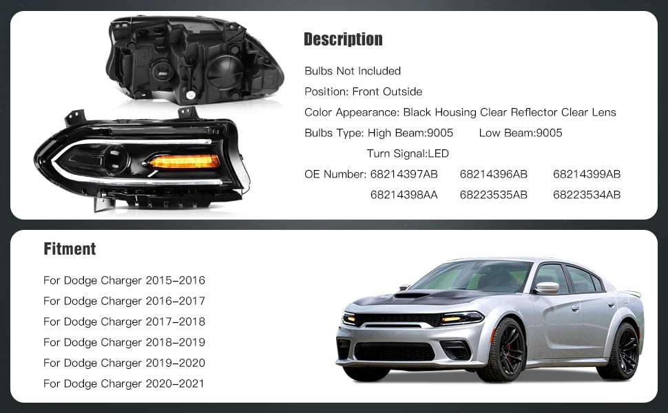 Dodge Charger LED Headlight Assembly 2015-2020 Black Housing Driver and Passenger Side Headlamps