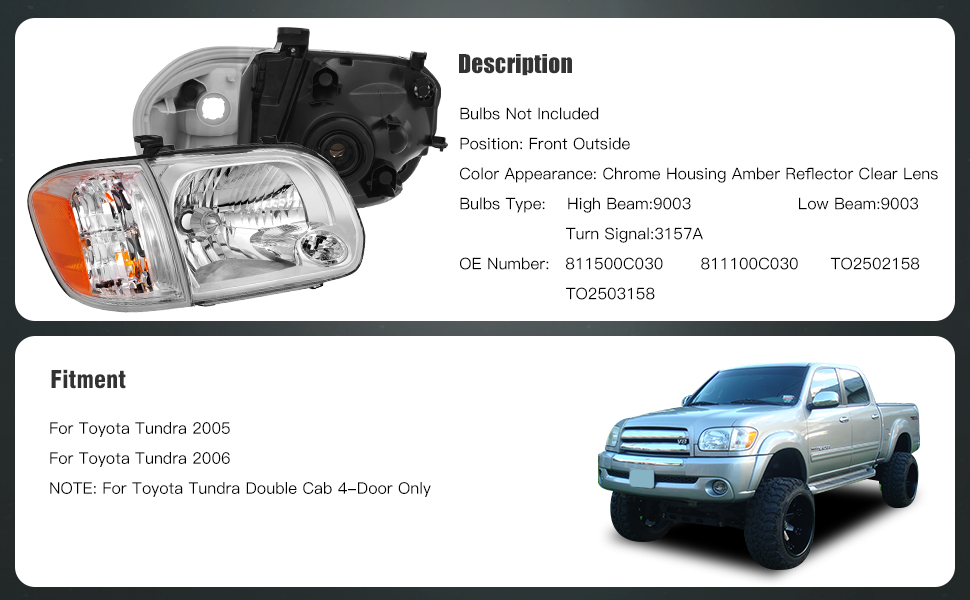 Toyota Tundra/Sequoia Headlight Assembly 2005 2006 Chrome Housing Driver and Passenger Side Headlamps Pair