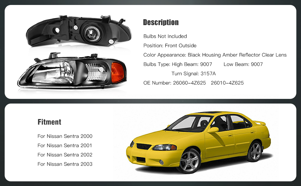 Nissan Sentra Headlight Assembly 2002 2003 Black Housing Driver and Passenger Side Headlamps