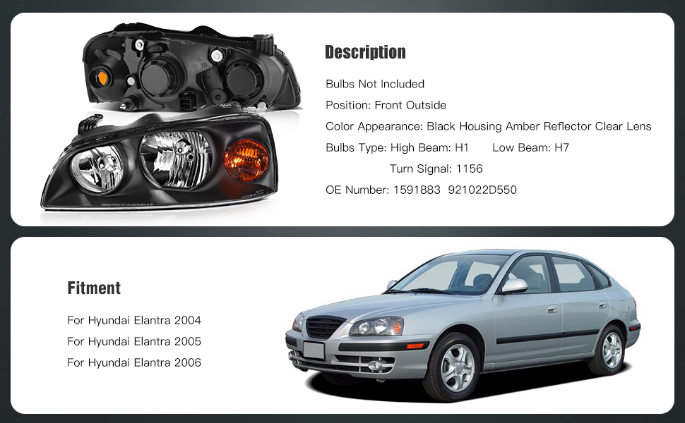 1Pair Headlight Assembly Fit for 2004-2006 Hyundai Elantra | ‎Black Driver and Passenger Side Headlamps