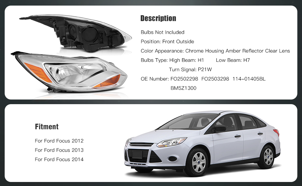 Ford Focus Headlight Assembly 2012-2014 Chrome Housing Driver and Passenger Side Headlamps Pair