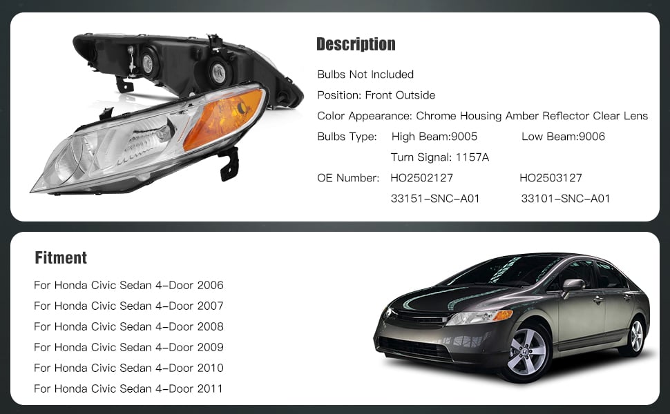 Honda Civic Sedan 4-Door Headlight Assembly 2006-2011 Chrome Housing Driver and Passenger Side Headlamps