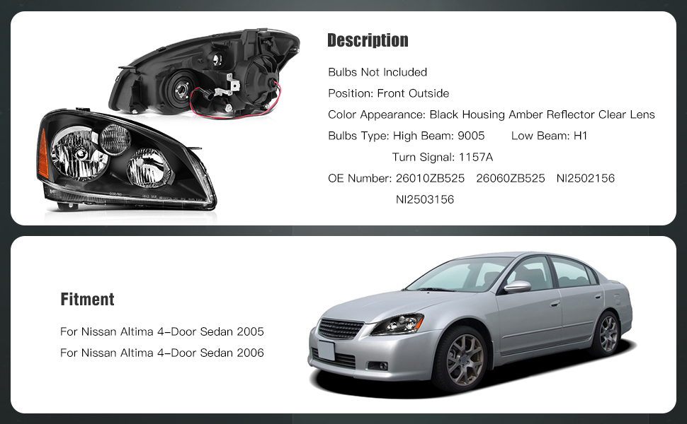 Nissan Altima Headlights Assembly 2005-2006 Black Housing Driver and Passenger Side Headlamps Pair