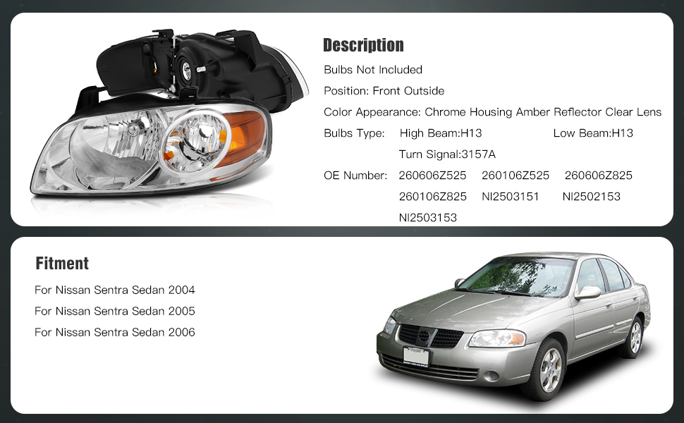 Nissan Sentra Headlight Assembly 2004-2006 Chrome Housing Driver and Passenger Side Headlamps