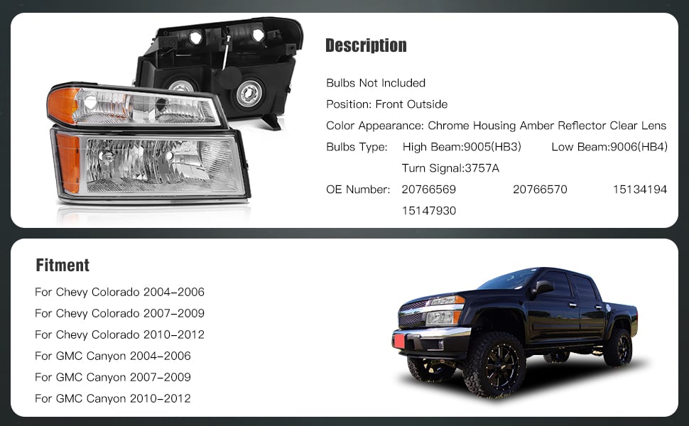 Chevy Colorado/GMC Canyon Headlight Assembly 2004-2012 Chrome Housing Driver and Passenger Side Headlamps Pair