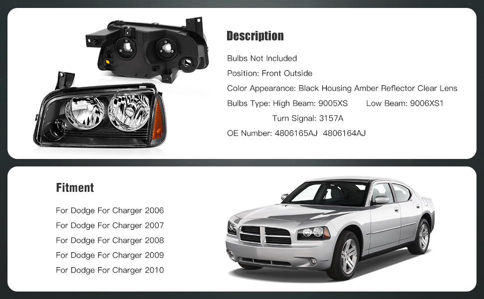 Dodge Charger Headlights Assembly 2006-2010 Black Housing Driver and Passenger Side Headlamps Pair