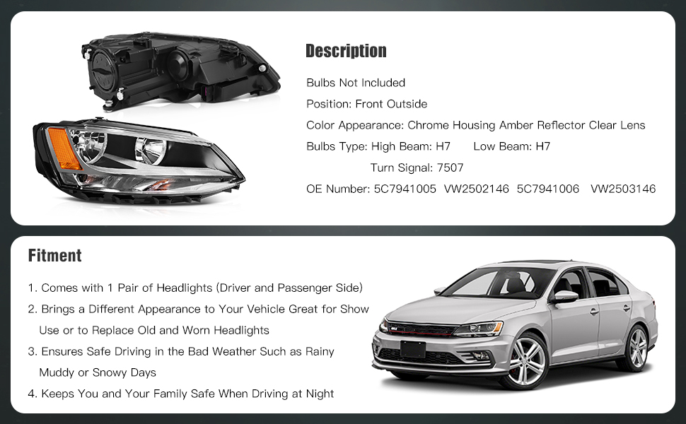 Volkswagen Jetta Headlight Assembly 2011-2018 Black Housing Driver and Passenger Side Headlamps