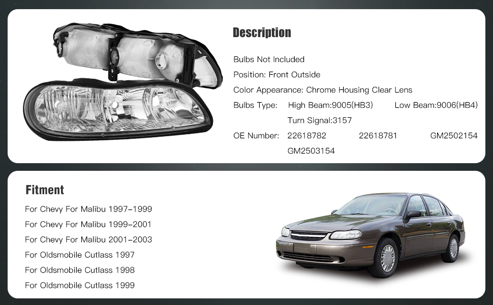 Chevy Malibu Headlight Assembly 1997-2003 Chrome Housing Driver and Passenger Side Headlamps