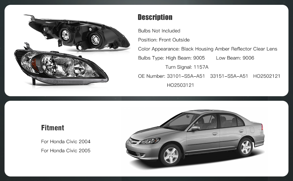 Honda Civic 2/4 Door Headlight Assembly 2004 2005 Black Housing Driver and Passenger Side Headlamps