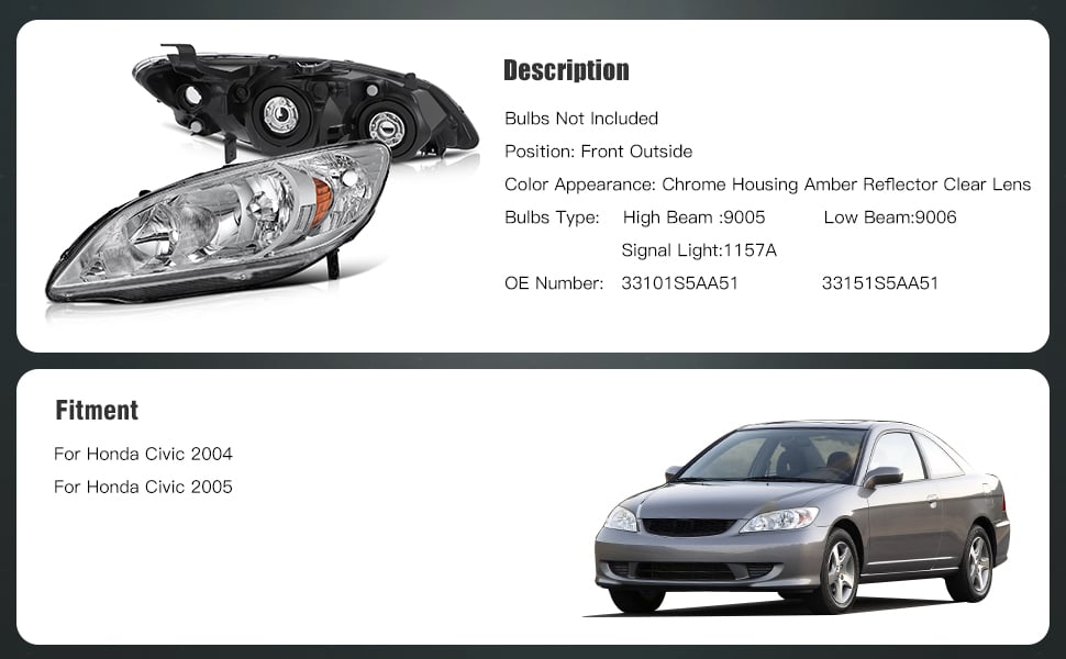 Honda Civic Headlight Assembly 2004-2005 Chrome Housing Driver and Passenger Side Headlamps Pair