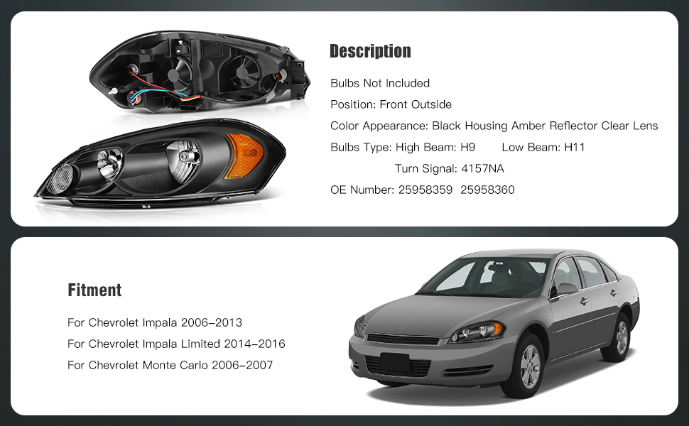 1Pair Headlight Assembly Fit for 2006-2016 Chevrolet Impala | ‎Clear Lens Driver and Passenger Side Headlamps