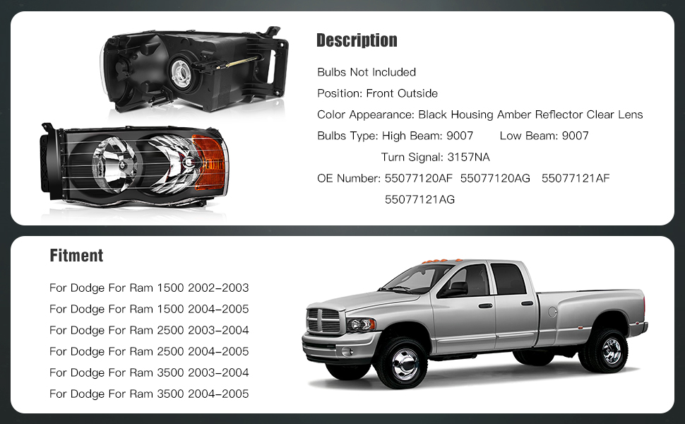 Dodge Ram 1500 2500 Headlights Assembly 2002 2003 2005 Black Housing Driver and Passenger Side Headlamps Pair