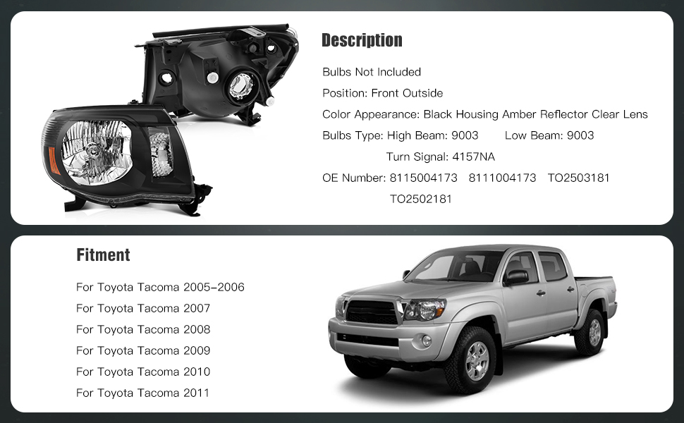 Toyota Tacoma Headlights Assembly 2005-2011 Black Housing Driver and Passenger Side Headlamps Pair
