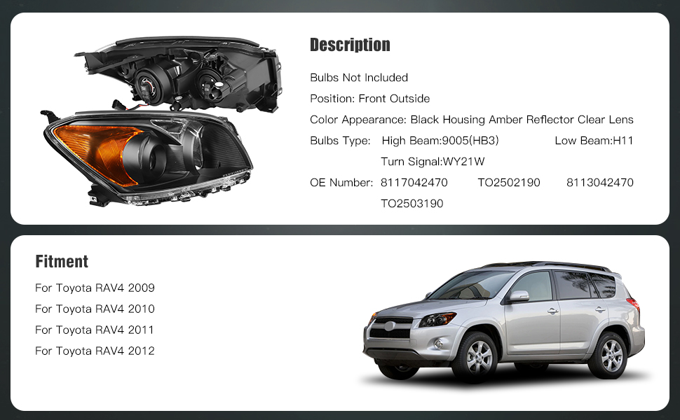 Toyota RAV4 Headlight Assembly 2009-2012 Black Housing Driver and Passenger Side Headlamps