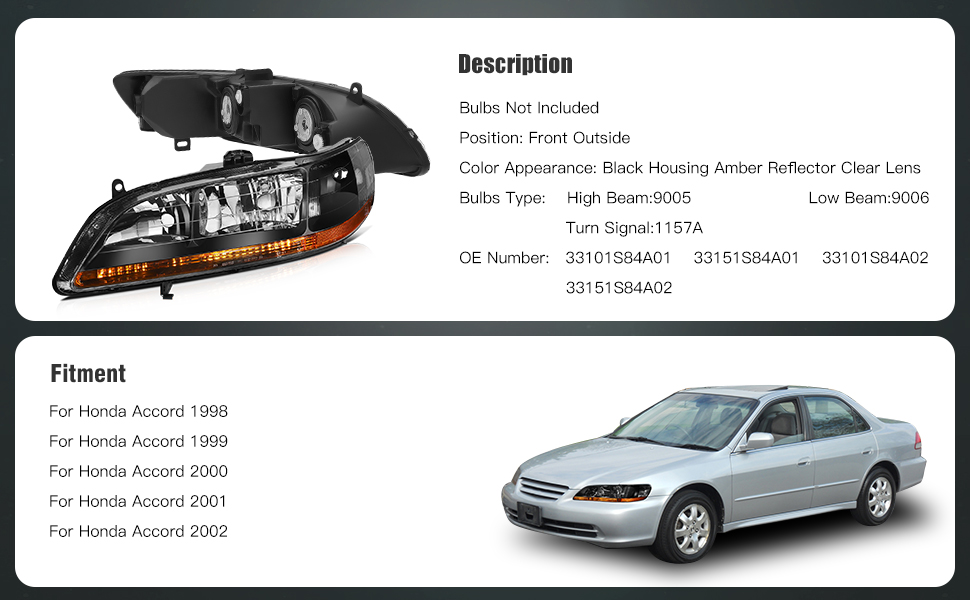Honda Accord Headlight Assembly 1998-2002 Black Housing Driver and Passenger Side Headlamps