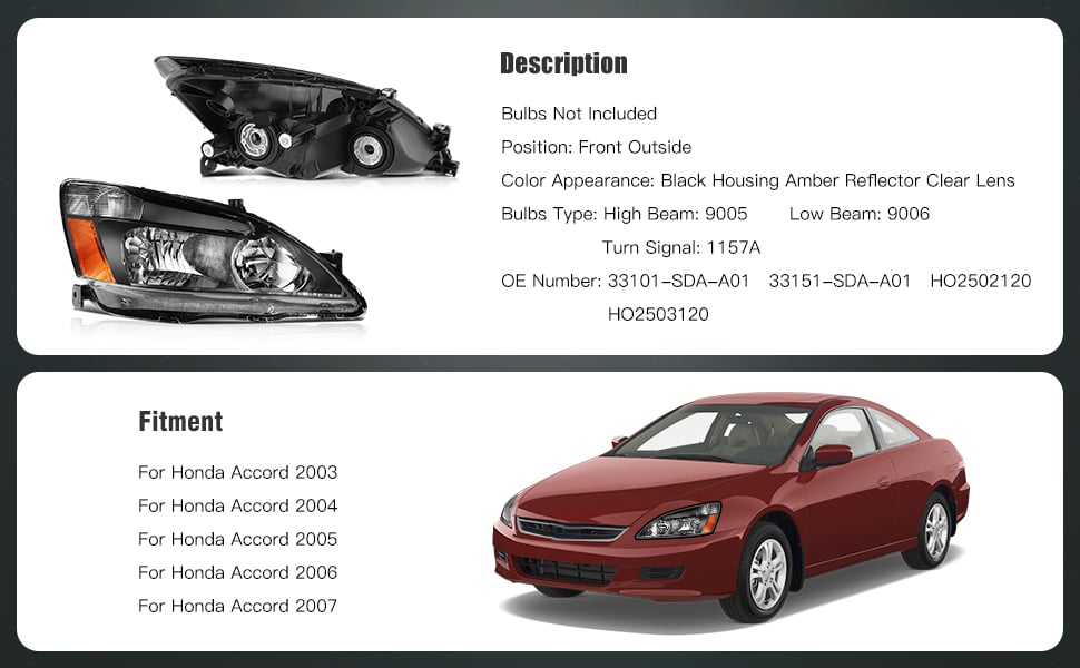 Honda Accord Headlight Assembly 2003-2007 Black Housing Driver and Passenger Side Headlamps Pair
