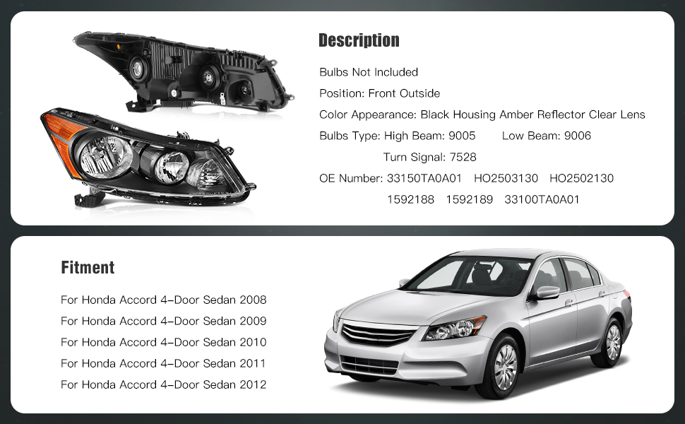Honda Accord 4-Door Headlight Assembly 2008-2012 Black Housing Driver and Passenger Side Headlamps