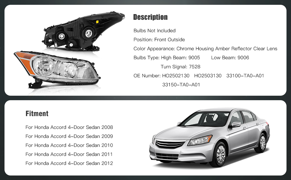 Honda Accord 4-Door Sedan Headlight Assembly 2008-2012 Chrome Housing Driver and Passenger Side Headlamps