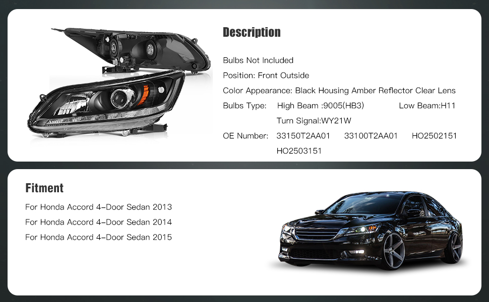 Honda Accord Headlight Assembly 2013 2014 2015 Black Housing Driver and Passenger Side Headlamps
