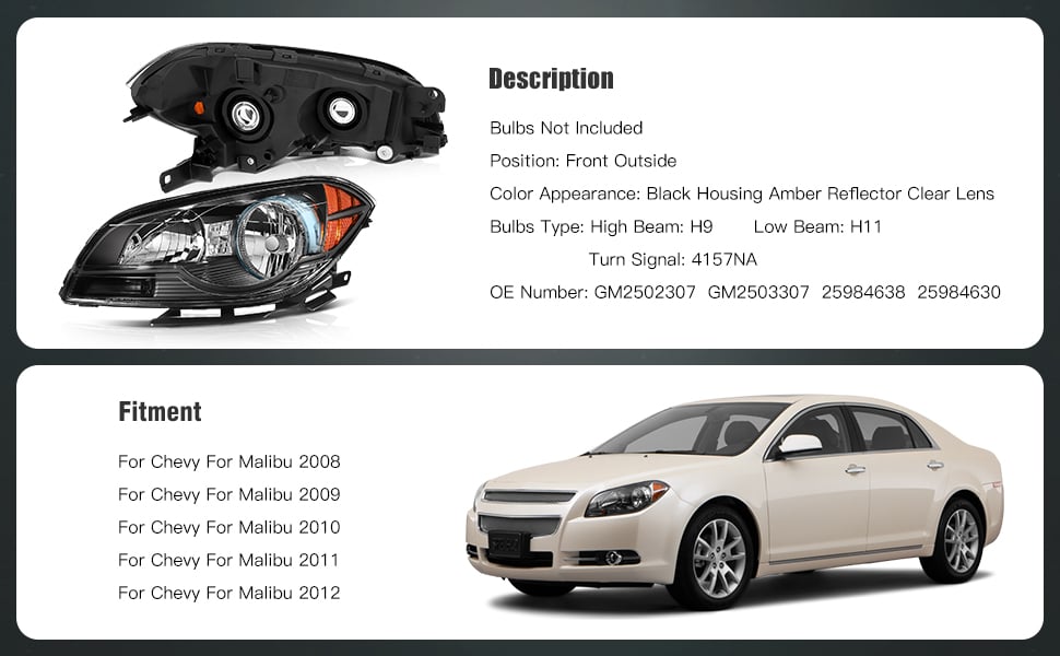 1Pair Headlight Assembly Fit for 2008-2012 Chevrolet Malibu | ‎Clear Lens Driver and Passenger Side Headlamps