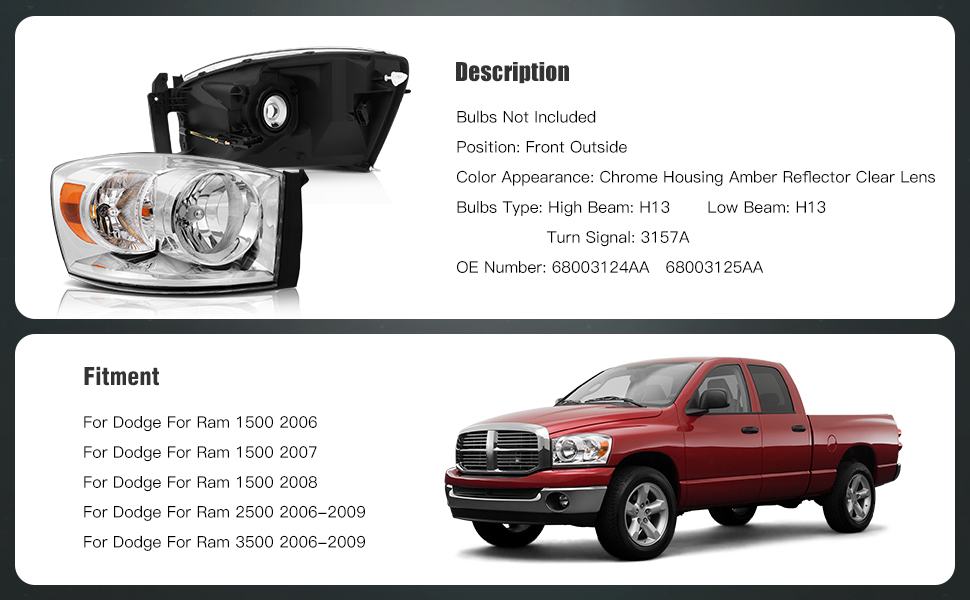 Dodge Ram 1500 2500 3500 Headlights Assembly 2006 2008 2009 Chrome Housing Driver and Passenger Side Headlamps Pair