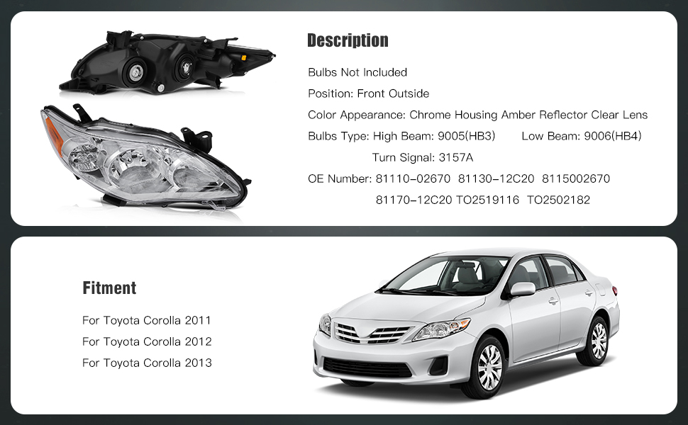 Toyota Corolla Headlight Assembly 2011-2013 Chrome Housing Driver and Passenger Side Headlamps