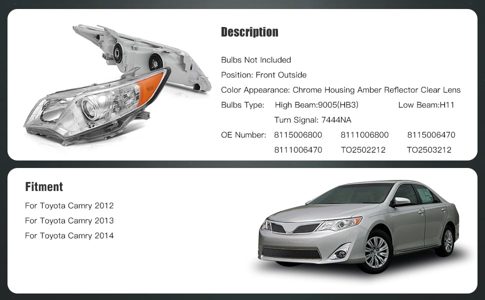 Toyota Camry Headlights Assembly 2012-2014 Chrome Housing Driver and Passenger Side Headlamps Pair