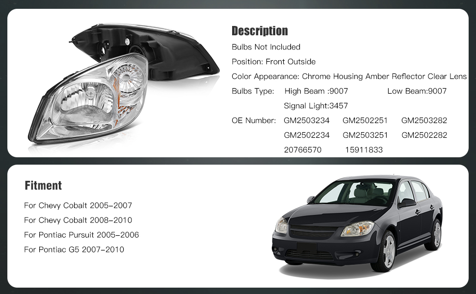 Chevy Cobalt/Pontiac G5 Headlight Assembly 2005 2007 2010 Chrome Housing Driver and Passenger Side Headlamps Pair