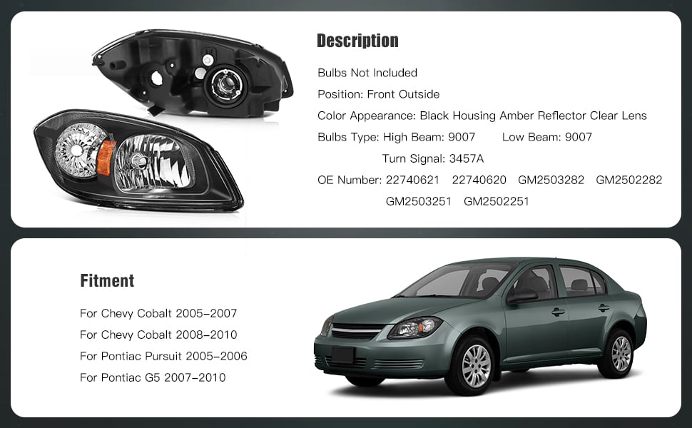 Chevrolet Cobalt Headlights Assembly 2005 2010 Black Housing Driver and Passenger Side Headlamps Pair