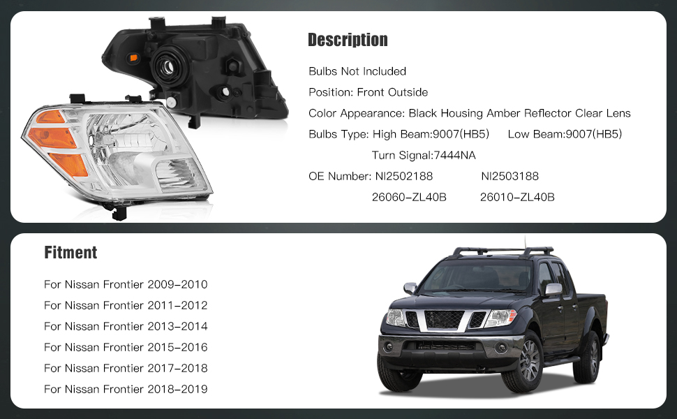 Nissan Frontier Headlight Assembly 2009-2019 Chrome Housing Driver and Passenger Side Headlamps