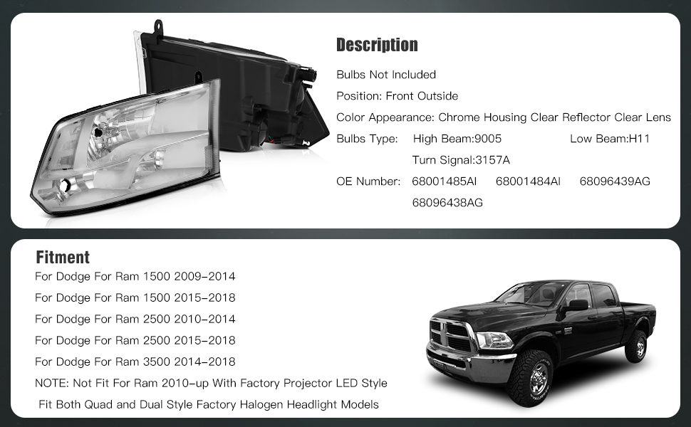 Ram 1500 2500 3500 Headlight Assembly 2011-2018 Chrome Housing Driver and Passenger Side Headlamps