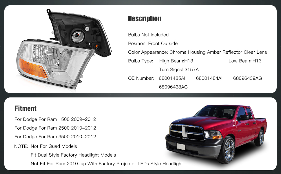 Dodge Ram 1500 2500 3500 Headlight Assembly 2009 2010 Chrome Housing Driver and Passenger Side Headlamps