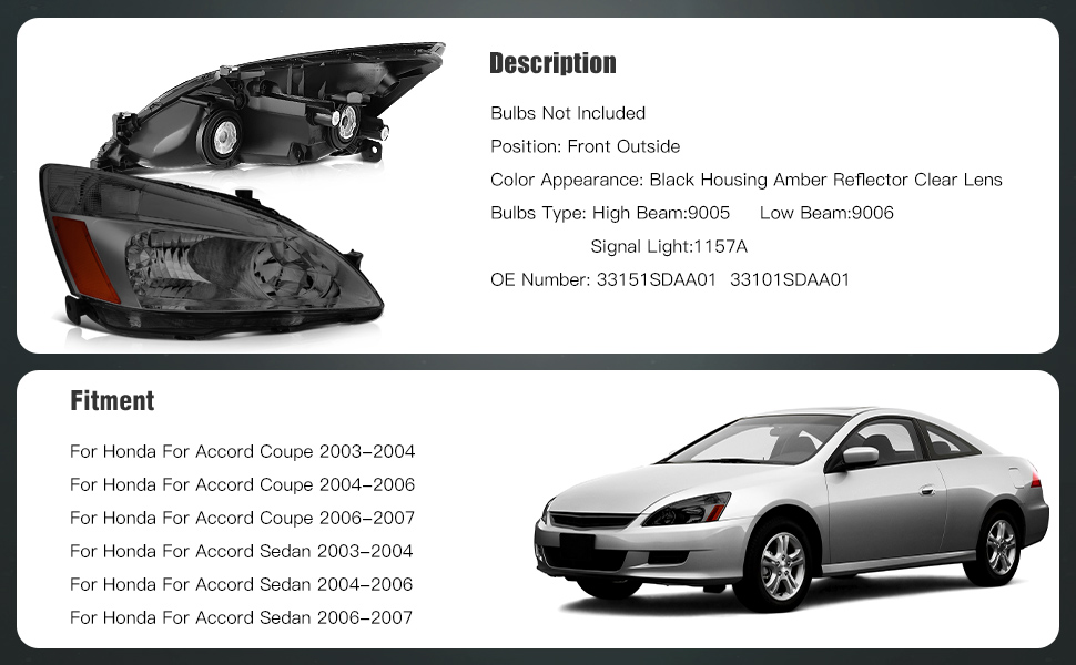 Honda Accord Headlight Assembly 2003-2007 Black Housing Driver and Passenger Side Headlamps