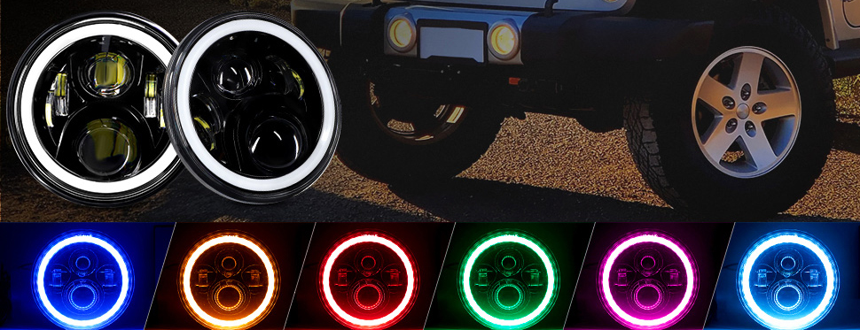 Jeep Wrangler RGB Halo Ring LED Projector DRL Headlight Foglight Combo Kit 1997-2018 Muti-Color Angel Eyes 4pcs