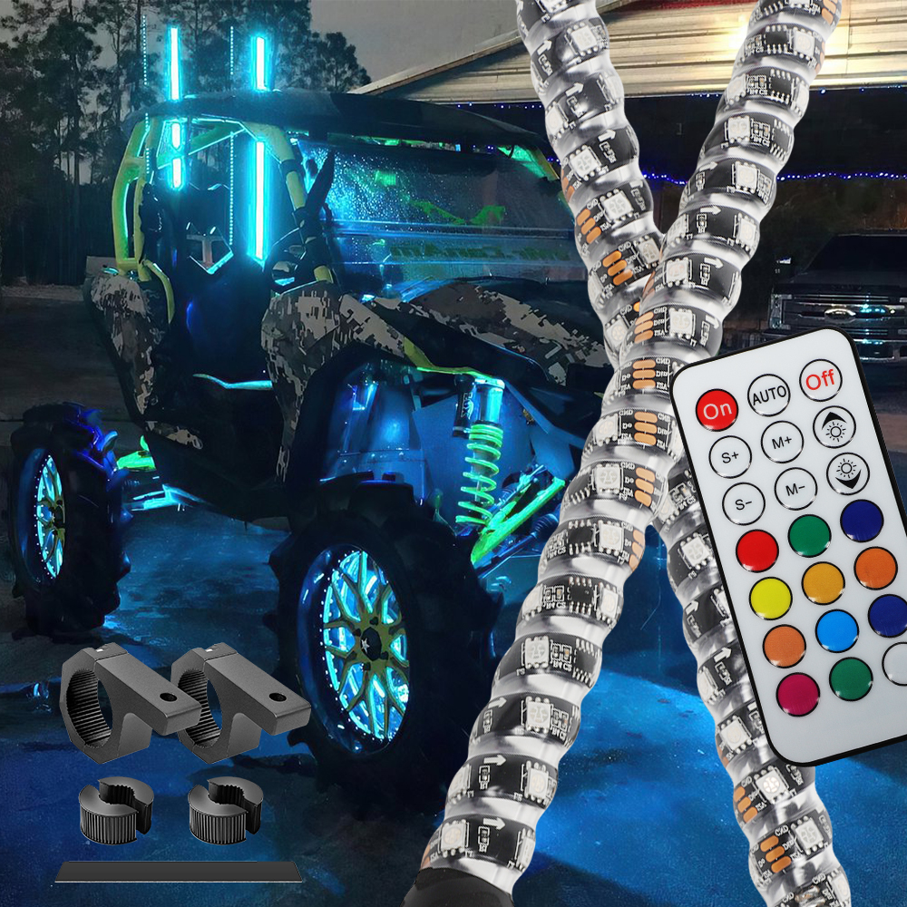 LED Whip Lights 3ft RF Remote Controlled RGB Spiral 360 Twisted Antenna with Mounting Bracket Kit Universal UTV ATV Off-Road Truck 2Pcs
