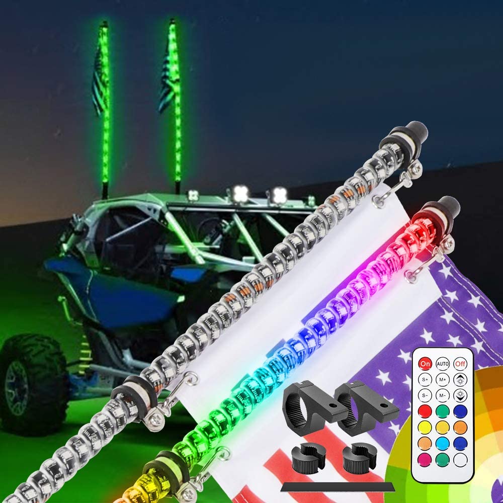LED Whip Lights 3ft RF Remote Controlled RGB Spiral 360 Twisted Antenna with Mounting Bracket Kit Universal UTV ATV Off-Road Truck 2Pcs