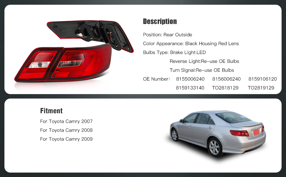 1Pair Tail Light Assembly Fit for 2007-2009 Toyota Camry | ‎Red Lens Driver and Passenger Side Taillamps