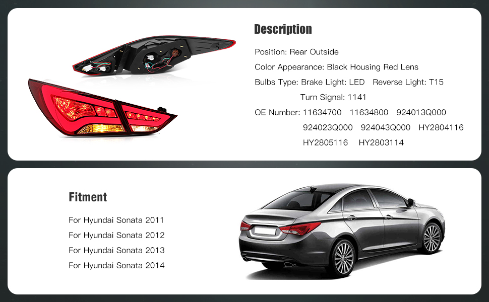 1Pair Tail Light Assembly Fit for 2011-2014 Hyundai Sonata | ‎Red Lens Driver and Passenger Side Taillamps