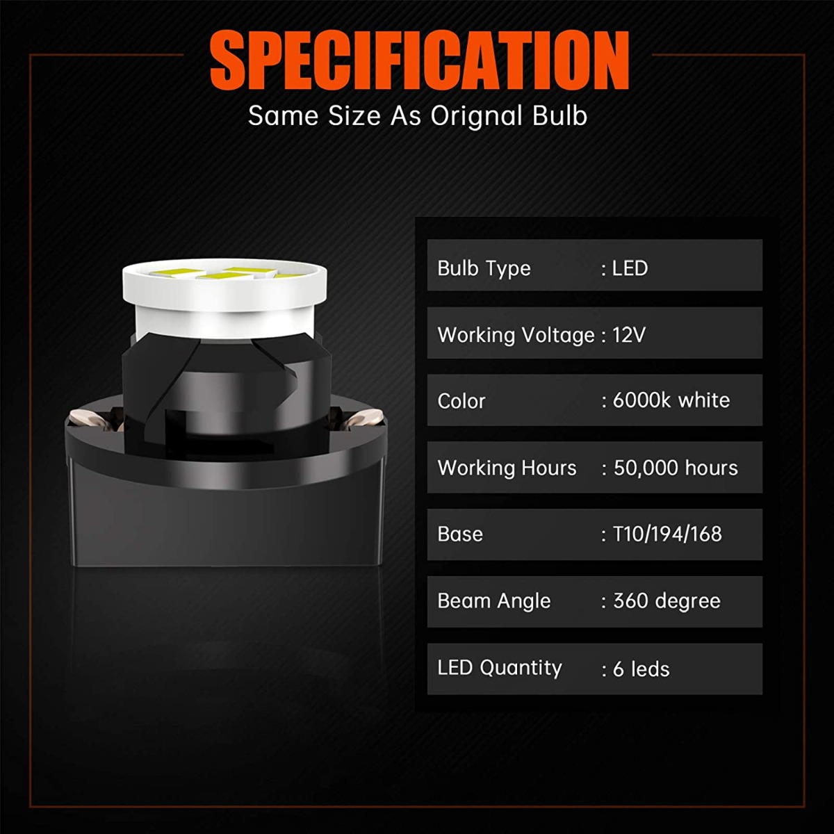 White T10 Led Instrument Cluster Light Bulb 6SMD 3020 Chips With 1/2