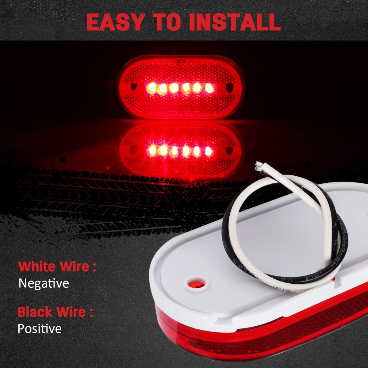 2PCS LED Oval Side Marker Light for Truck Trailer Red Snap-on Lens With White Base Surface Mount 6 Diodes LED