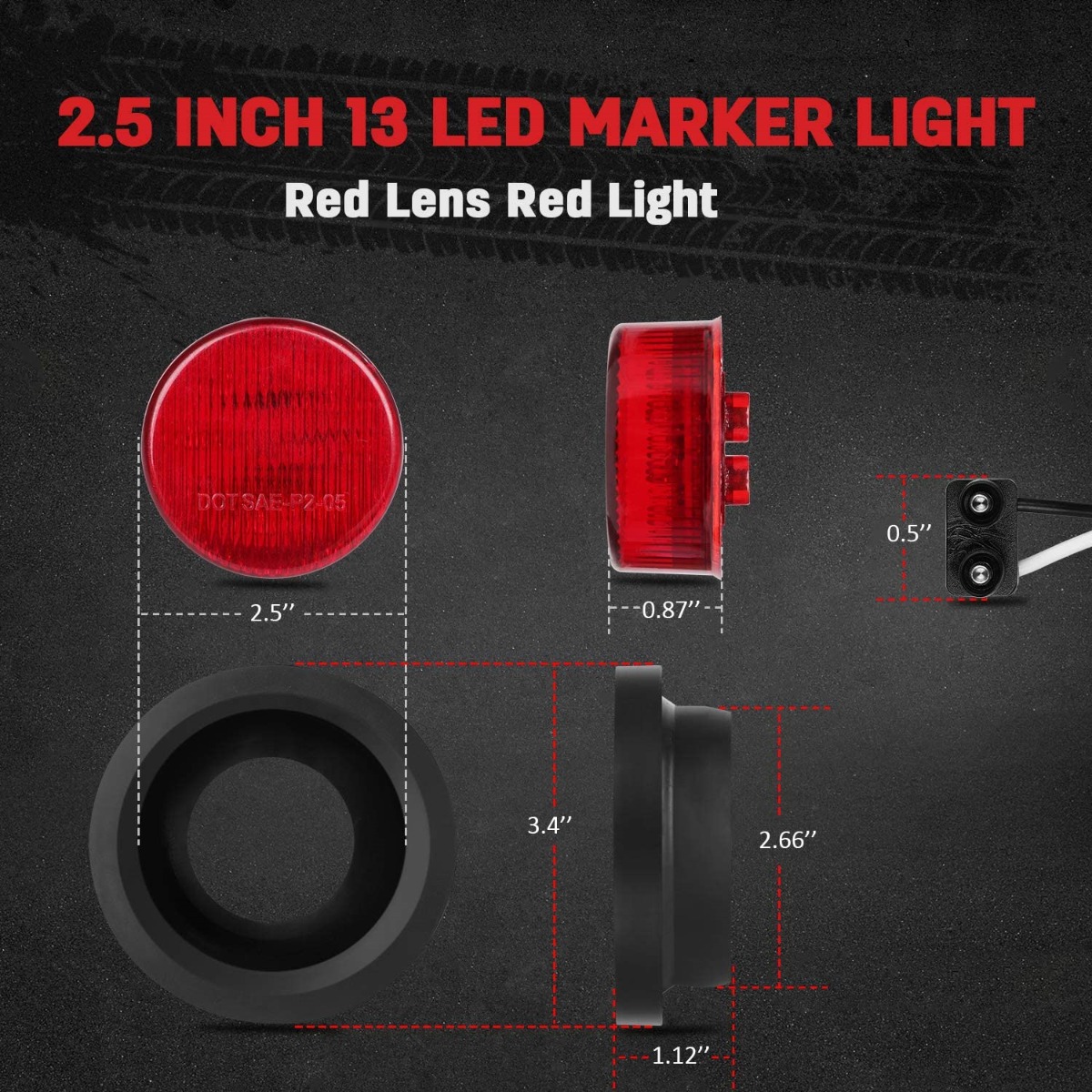 2PCS 13LED Round Side Marker Clearance Light w/Rubber Grommet Red 2.5