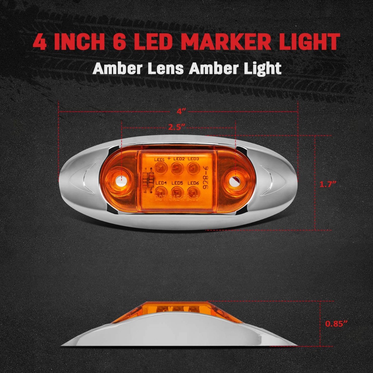 10PCS 6 Diodes LED Fish Shape Side Marker/Clearance/Tail Light Amber Lens Chrome Universal Truck Trailer 12V